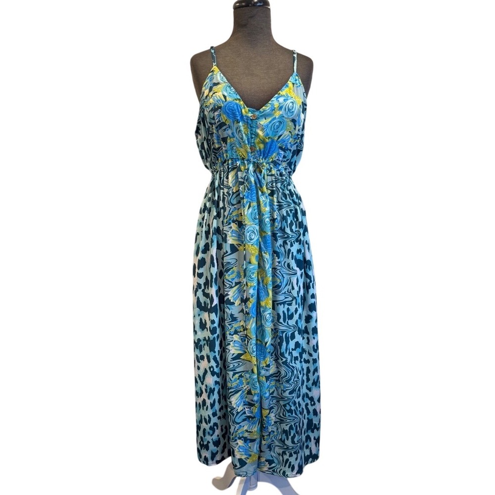 KHAN Blue Floral Animal Print Silk Blend Maxi Dress‎ Free Size V-Neck Sleeveless
